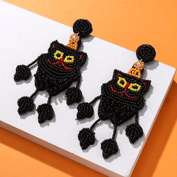 Black Cat Beaded Halloween Dangle Leg Pet Lovers Witch Theme Earrings - Picture 5 of 6